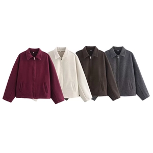 Women Fashion Oversized Zipper Faux Wool Jacket Turn-Down Collar Long Sleeve Loose Fit Autumn Winter Warm Outerwear Coat