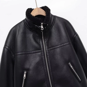 Women's black faux leather aviator jacket with thick shearling collar and metal zipper