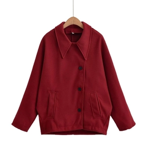 Women's burgundy batwing sleeve wool jacket with notched lapel and button closure