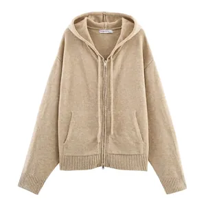 Women Casual Zip Up Hooded Knit Jacket Long Sleeve Cardigan Sweater With Pockets Solid Color Streetwear Outerwear