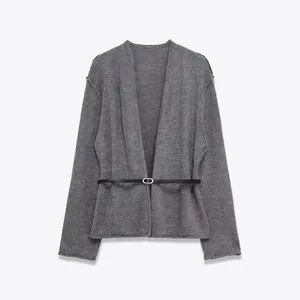 Cardigan da Donna Casual con Scollo a V in Maglia con Cintura Manica Lunga Grigio Tinta Unita Street Style Moda Top