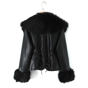 Detailed back view of PU leather jacket with faux fur trim and lace-up corset design