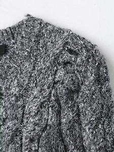 Close-up of grey marled chunky knit cardigan texture and ribbed crew neckline detail