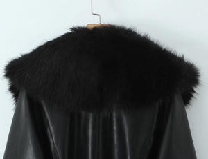 Detail of luxurious black faux fur collar and premium leather jacket neckline texture