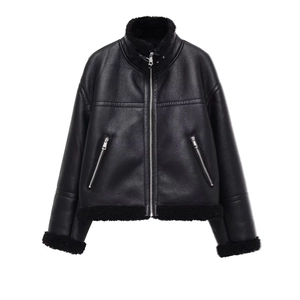 Women's black faux leather aviator jacket with thick warm fleece lining and silver zipper