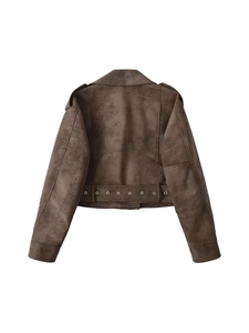 Women's faux suede biker jacket in dark brown with belted hem and notched lapels