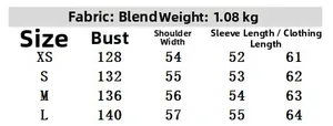 Detailed size chart for the PU jacket including chest, shoulder and length measurements