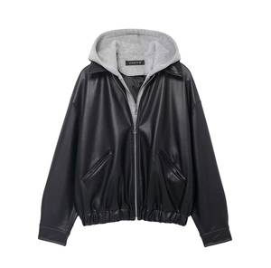 Detail of faux leather texture and grey knit hood on this stylish oversized jacket