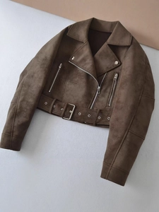 Women's dark brown faux suede cropped biker jacket with lapels and belted waist