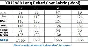 Size chart showing detailed measurements for women long wool coat with belt