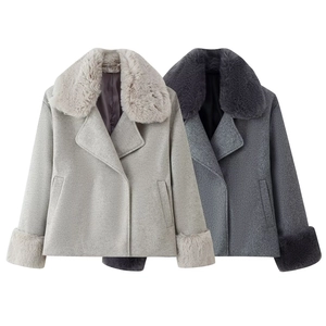 Veste en Laine Décontractée pour Femmes Avec Col Et Poignets en Fausse Fourrure Élégante Couleur Unie Streetwear