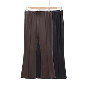 Pantalon Évasé en Cuir PU à Taille Haute pour Femmes Taille Élastique Couleur Unie Pantalon Long Streetwear