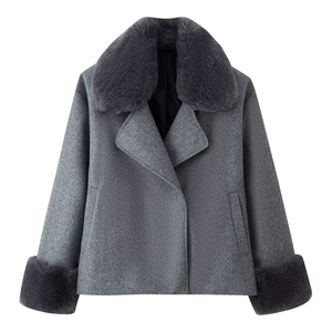 Détail du col en fausse fourrure et des poignets sur un manteau en laine gris foncé