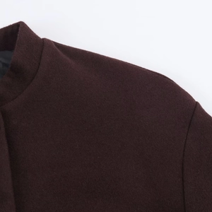 Detail view of the stand-up collar and premium wool texture of the dark brown overcoat