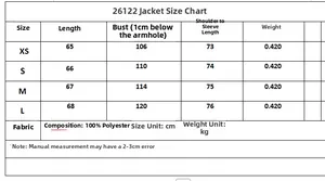 Size chart for 2025 women's jacket and pants set featuring XS to L measurements