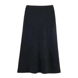 Detail of black thick knitted midi skirt with elastic high waist and soft fuzzy texture