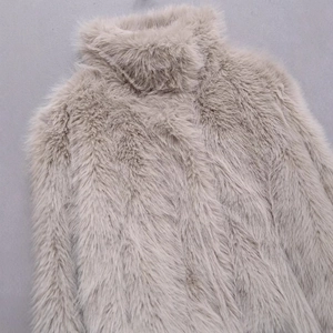 Chic beige faux fur high-neck jacket with long sleeves and fluffy texture for 2025 autumn