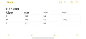 Size chart for striped knit sweater showing bust and length measurements in cm