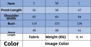 Detailed size chart for women knit top showing S M L dimensions and fabric info