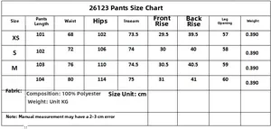 Size guide for women knit trousers with waist, hip, and length measurements in cm