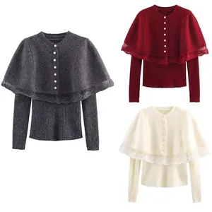 Women Elegant Knitwear Long Sleeve Round Neck Sweater And Lace Trimmed Artificial Pearl Button Shawl Cape Top