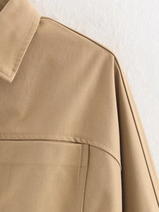 Detail of khaki twill jacket featuring reinforced topstitching and durable cotton fabric