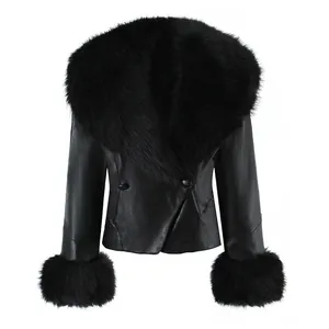 Chic Women's Black PU Leather Jacket With Faux Fur Collar Cuffs Lace Up Back Slim Winter Coats For Ladies Outwear