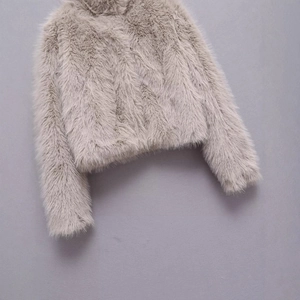 Women's light gray faux fur long sleeve coat jacket with thick plush texture for winter