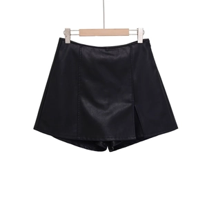 Women High Waist PU Leather Skort Side Slit A-Line Mini Skirt With Inner Shorts Fashion Solid Black Bottoms Standard Fit Casual Streetwear