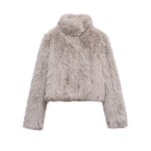 Women Fashion Faux Fur Short Jacket Standing Collar Warm Long Sleeve Cropped Outerwear Coat Autumn Winter Streetwear