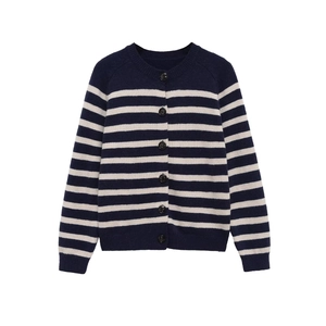 Detailed close-up of striped knit cardigan with dark resin buttons and ribbed cuffs