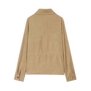 Detailed back view of khaki corduroy jacket showing waist pleats and texture