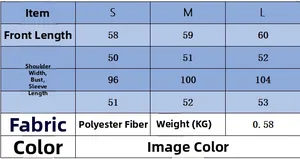 Size chart for women's zip jacket showing S, M, L dimensions in centimeters and weight