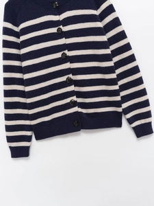 Detail view of navy blue and cream striped knit cardigan with six black buttons