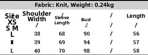 Size chart showing fabric details and measurements for the striped knitwear jacket