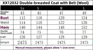Size chart table for double-breasted woolen coat with belt detailing measurements in cm