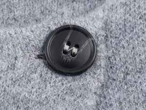 Close-up of black resin button and dense grey knit texture on the oversized cardigan