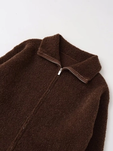 Detail of dark brown faux shearling jacket showing high collar and metal zipper texture