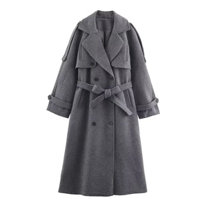 Women Street Style Double Breasted Long Woolen Coat With Belt Lapel Long Sleeve Grey Autumn Winter Outerwear Jacket