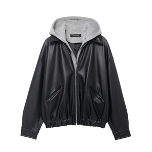 Women's Casual Faux Two-Piece Hooded PU Leather Jacket Spliced Loose Fit Zip Up Outerwear Streetwear Windproof Coat