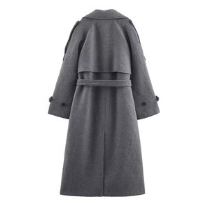 Detailed back view of a grey wool coat featuring wind flaps and waist belt details