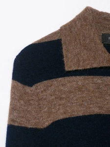 Detailed view of striped knit fabric texture and classic brown collar on this cardigan