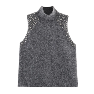 Damen Stehkragen Ärmellos Strickweste Strass Verzierung Pullover Top Locker Fit Polyester Grau Strickwaren