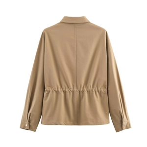 Back view of a khaki adjustable waist jacket with stylish gold buttons and classic lapel