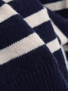 Close-up of the navy and beige striped knit fabric texture with soft wool-like finish