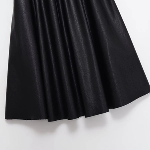 High-waist black PU leather A-line skirt with belt and elegant pleated texture