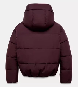 Back view of a deep burgundy hooded puffer jacket with a quilted padded design