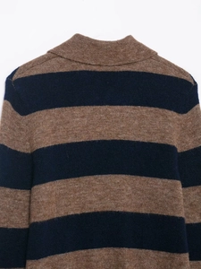 Detail shot of the back collar and thick striped texture on the knit cardigan
