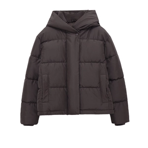 Detail of hooded padded puffer jacket with horizontal quilting and matte charcoal finish