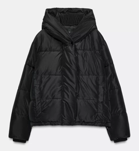 Front flat lay of a black glossy hooded puffer jacket with wide horizontal quilting